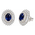 Aretes de Dama Oro Blanco 14k Zafiro Oval con Doble Halo de Diamantes Naturales y Baguettes