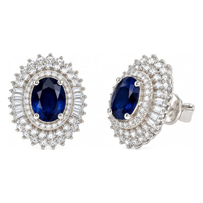 Aretes de Dama Oro Blanco 14k Zafiro Oval con Doble Halo de Diamantes Naturales y Baguettes