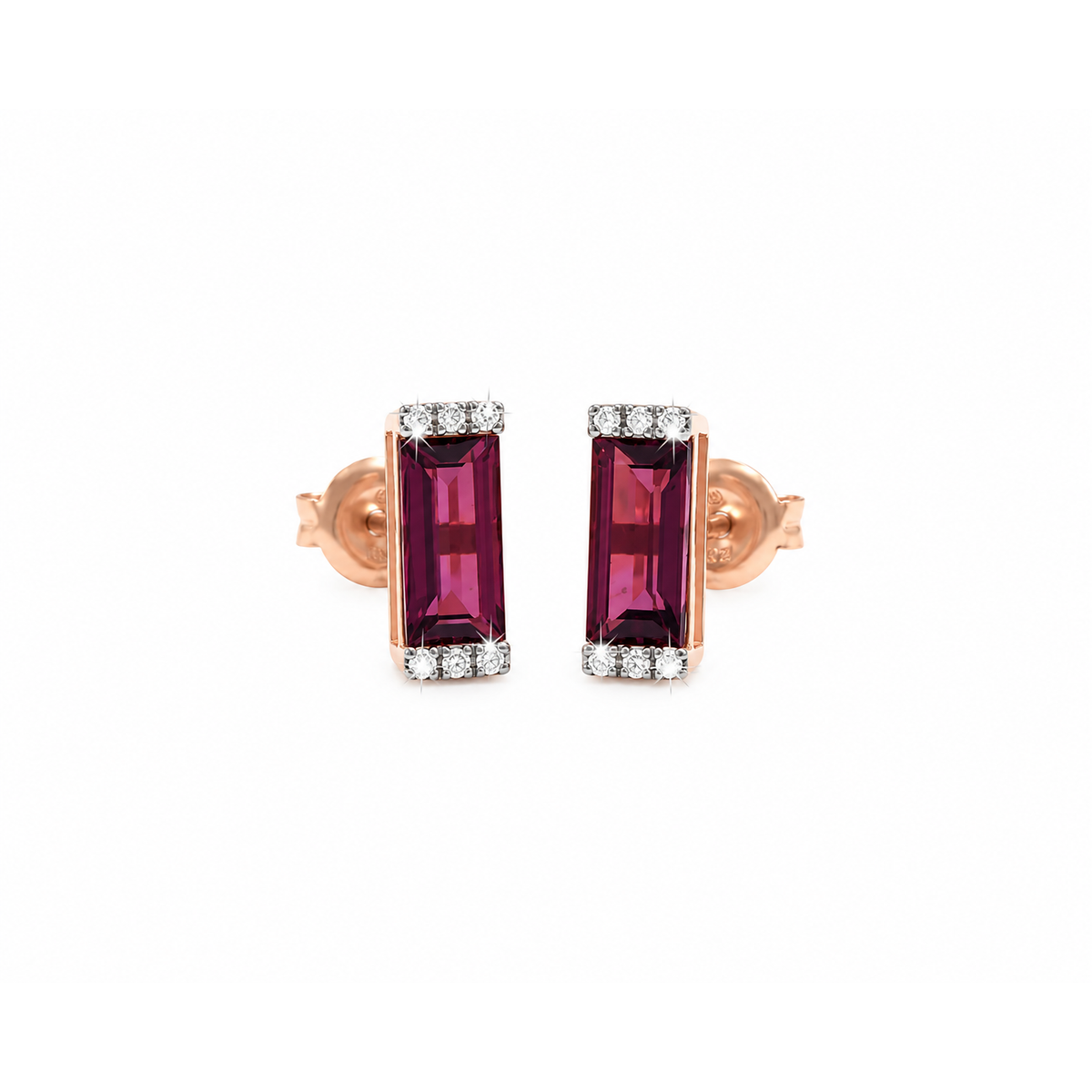 3x9mm Aretes de Dama Oro Rosa 14k Barra de Rodolita con Diamantes Naturales