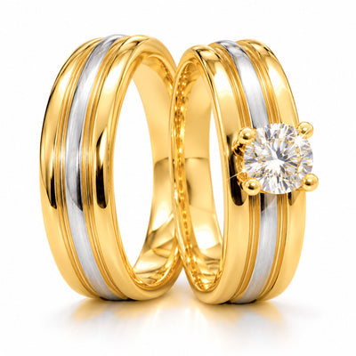 Duo de Anillos de Matrimonio Oro Dos Tonos 18k con Diamante Natural