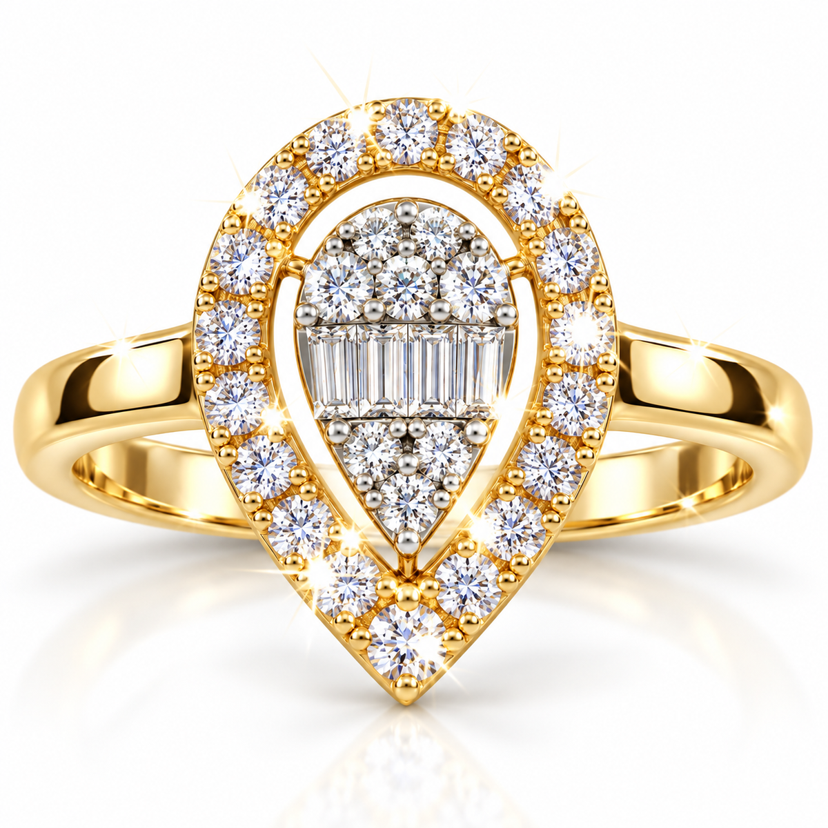 Anillo de Dama Oro 10k Gota con Halo y Diamantes Baguette
