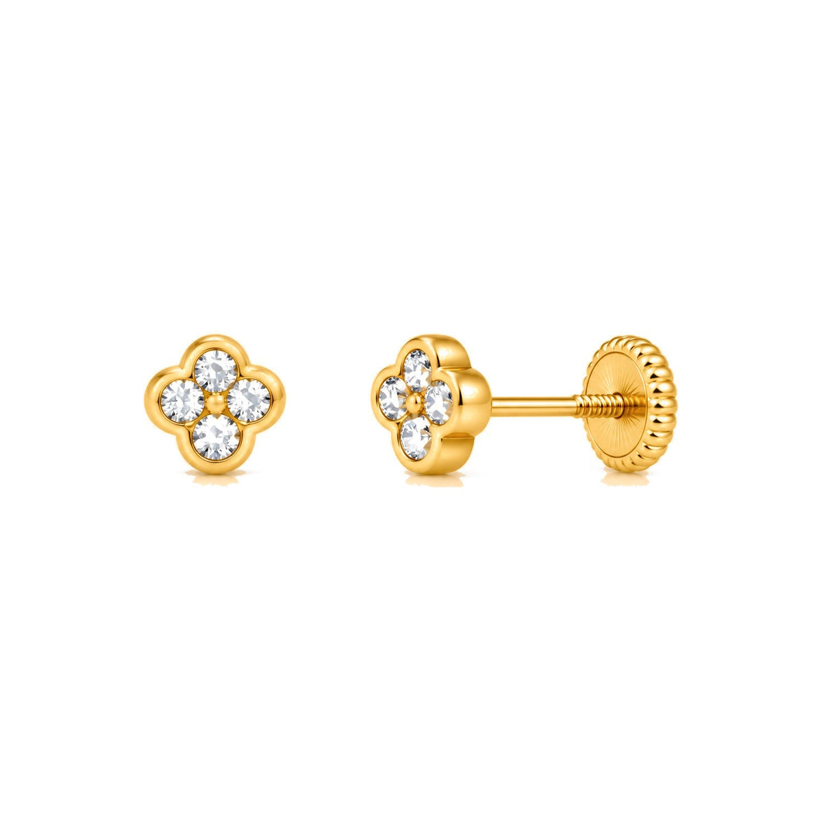 Aretes para Bebé Oro 14k Flor Cuadrada con Cuatro Circonias Pavé