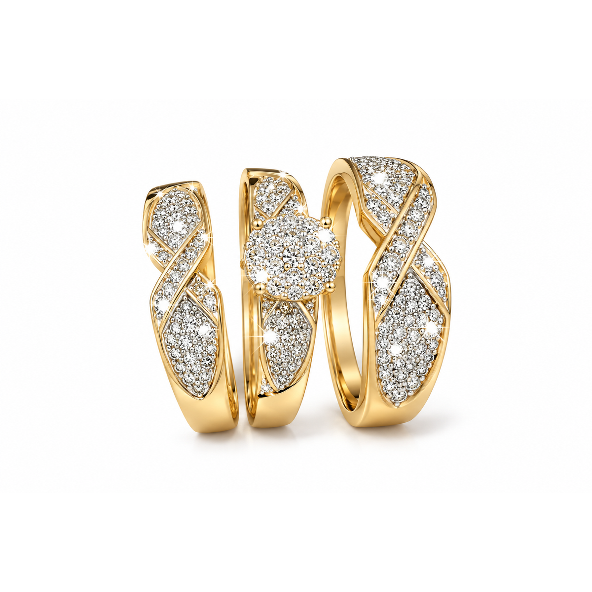 Set de Anillos Dama Oro 14k Apilables Textura Bicolor con Diamantes Naturales