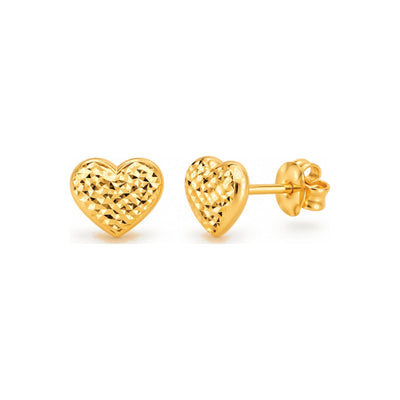 Aretes de Dama Oro 10k Corazón Abombado Diamantado con Tuerca