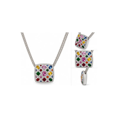 22x20mm Collar Oro Blanco 14k Placa Mosaico de Piedras Naturales Multicolor y Diamantes Naturales 16 Pulgadas