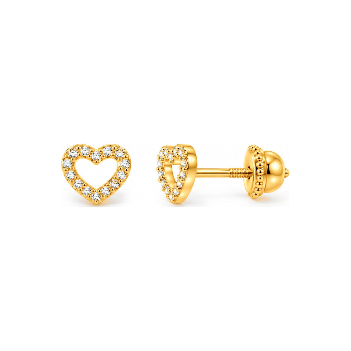 Aretes para Bebé Oro 14k Corazón Calado con Borde Pavé