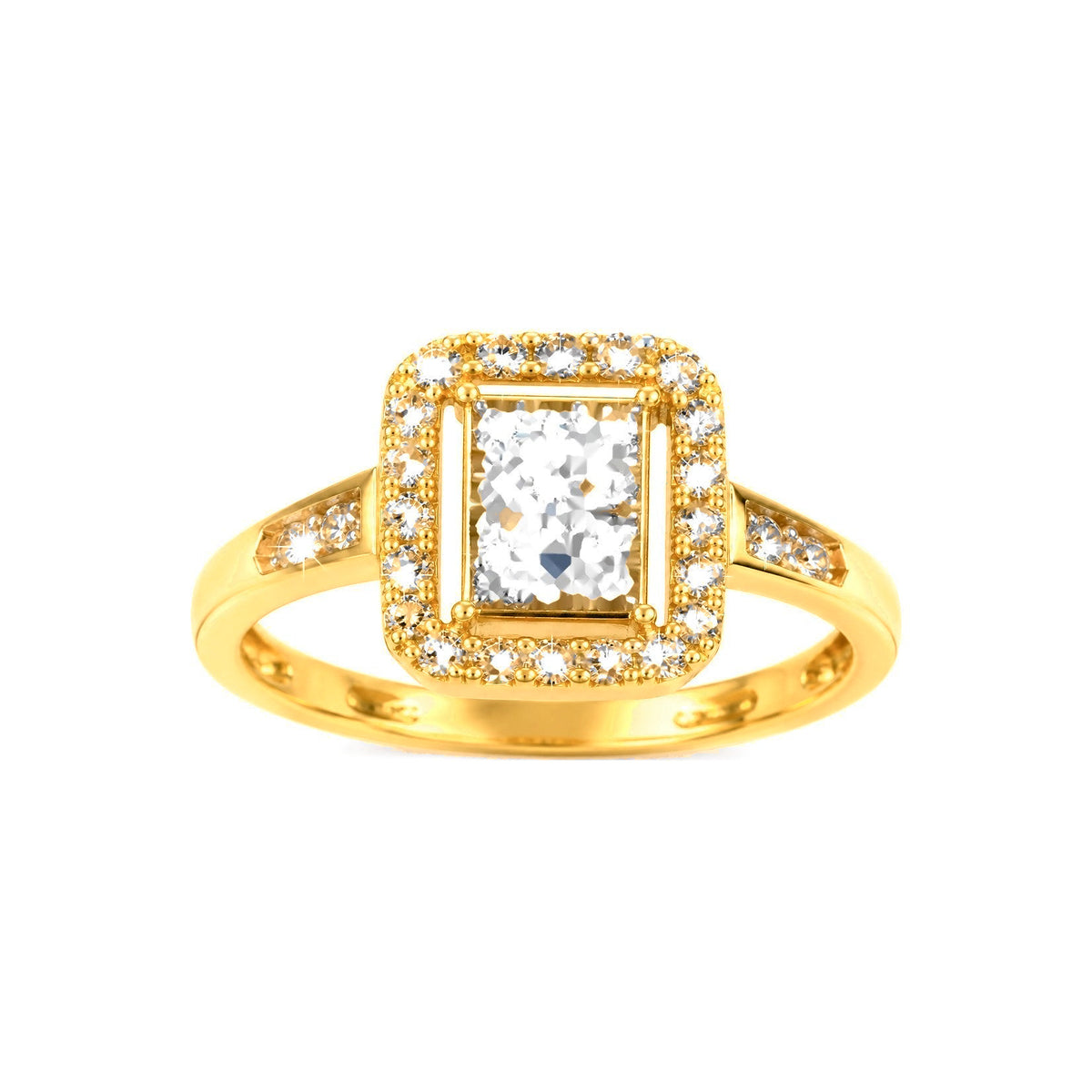 Anillo de Dama Oro 10k Cluster Rectangular con Halo de Circonios