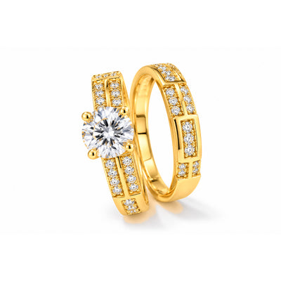 Set Anillo Matrimonio Oro 10k Solitario Bloques Pave