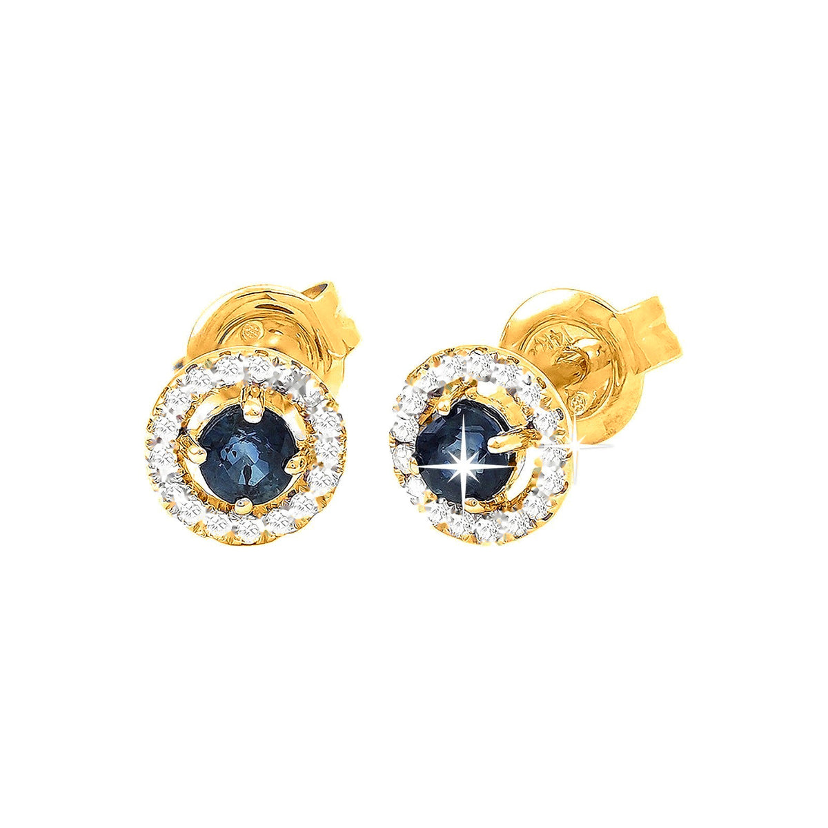 6mm Aretes de Dama Oro 14k Redondos con Zafiro y Diamantes Naturales