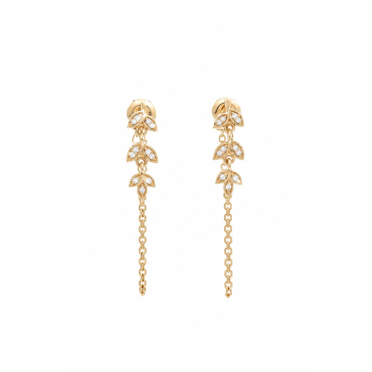 Aretes de Dama Oro 14k Tres Hojas con Cadena y Diamantes Naturales