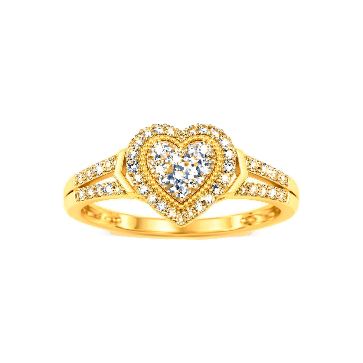 Anillo de Dama Oro 10k Corazón Cluster con Halo y Banda Partida de Diamantes Naturales
