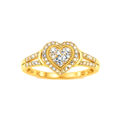 Anillo de Dama Oro 10k Corazón Cluster con Halo y Banda Partida de Diamantes Naturales