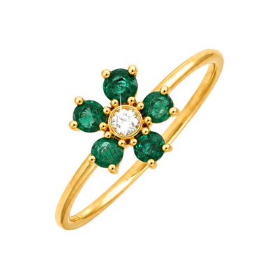 Anillo de Dama Oro 14k Flor de Cinco Esmeraldas con Diamante Natural al Centro
