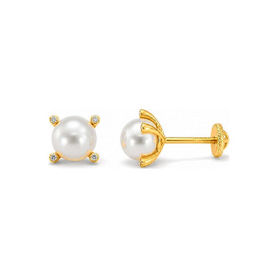 Aretes de Dama Oro 14k Perla con Circonios en las Garras