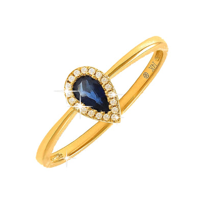 5x7mm Anillo de Dama Oro 14k Gota con Zafiro y Diamantes Naturales