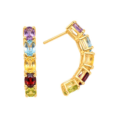 Aretes de Dama Oro 14k Media Argolla con Piedras Naturales Multicolor