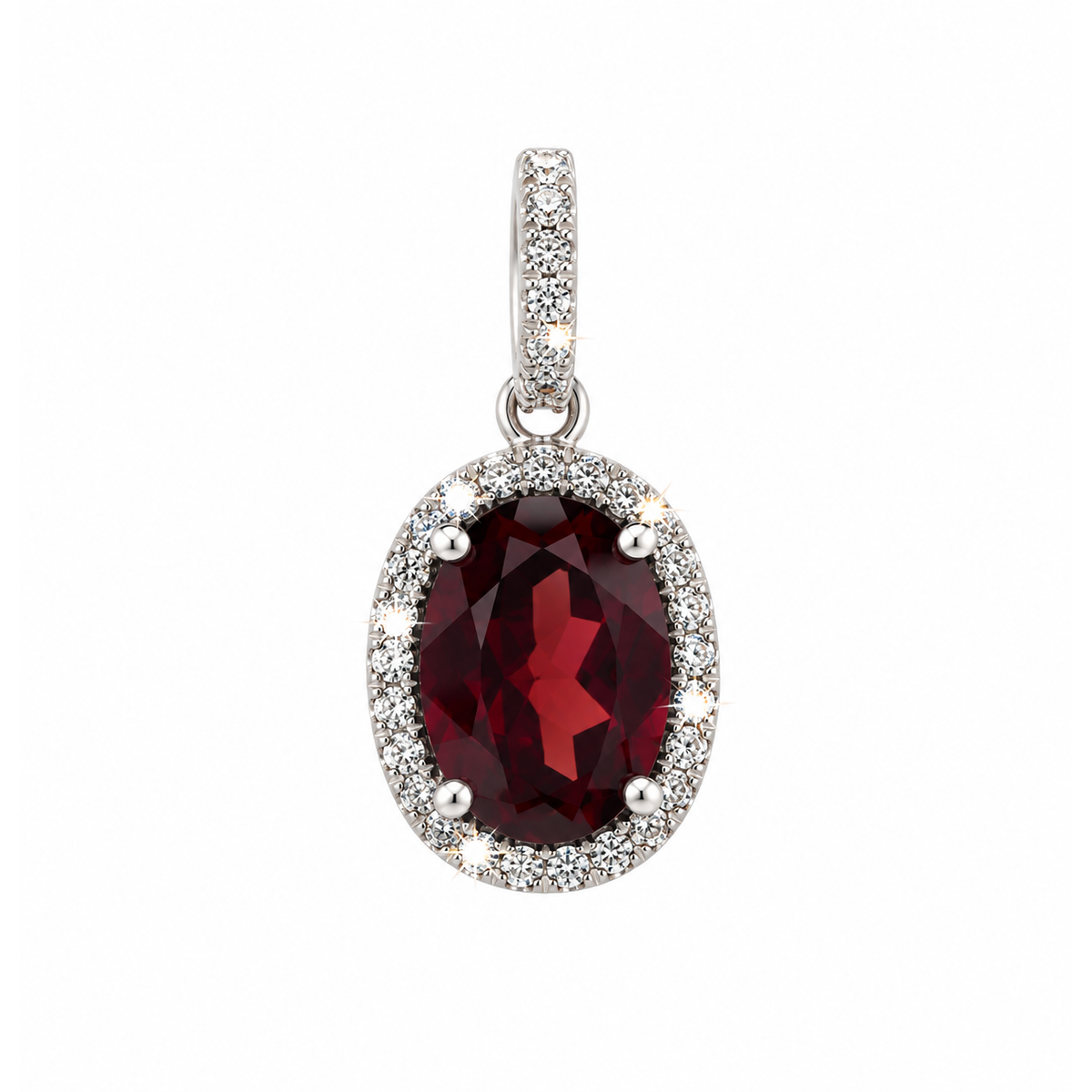 Dije Granate Ovalado Oro Blanco 14k con Halo de Diamantes Naturales