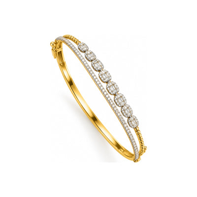 Brazalete de Dama Oro 14k Rígido Doble Banda Bolitas y Baguettes con Diamantes Naturales