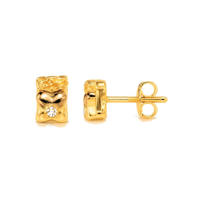 Aretes de Dama Oro 10k Botón Texturizado con Corazón y Diamante Natural