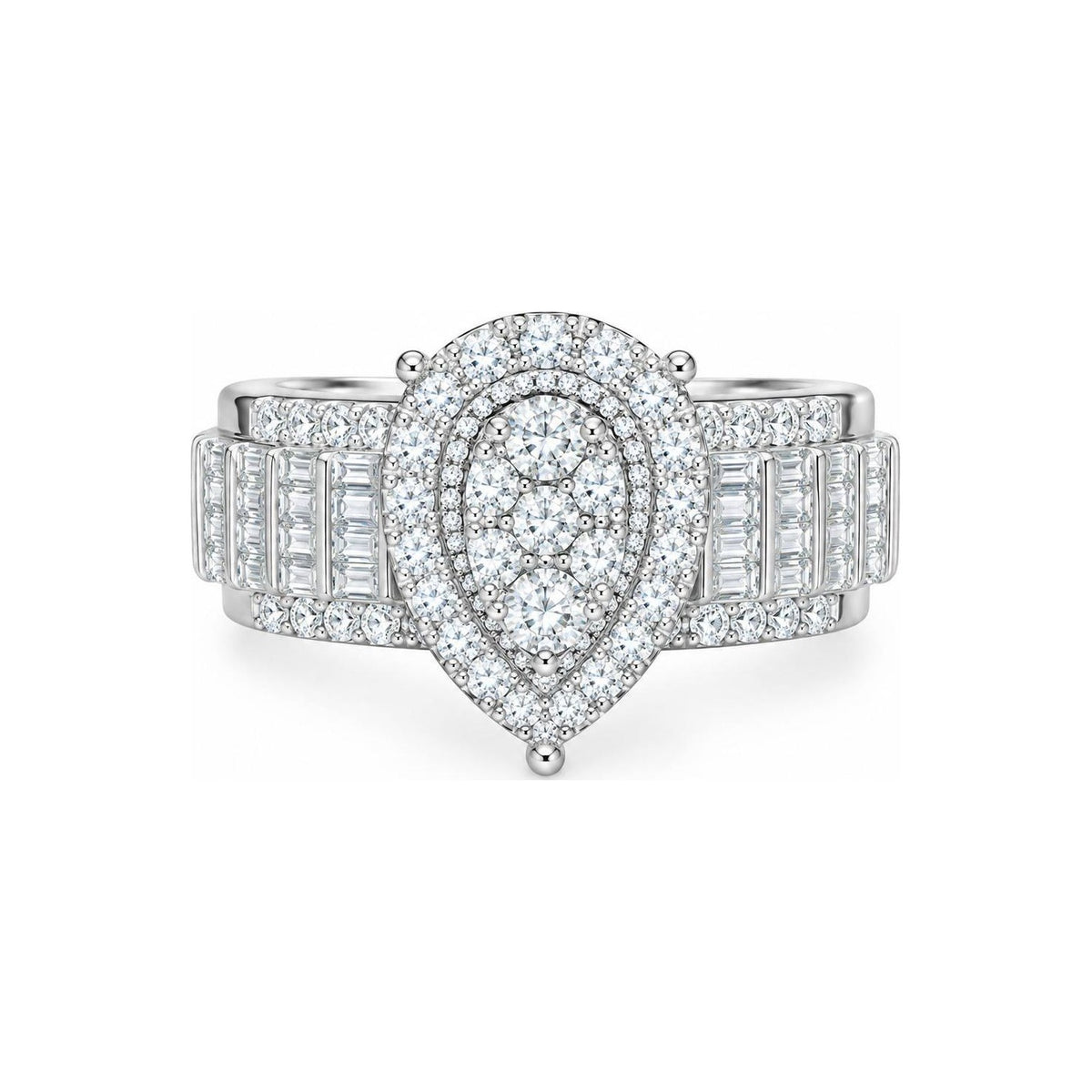 Anillo de Compromiso Halo Pera Cluster con Baguettes Moissanite S925