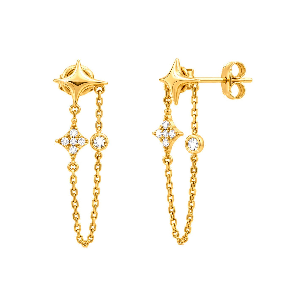 6x26mm Aretes de Dama Oro 14k Estrella Brillante con Cadena Colgante y Diamantes Naturales