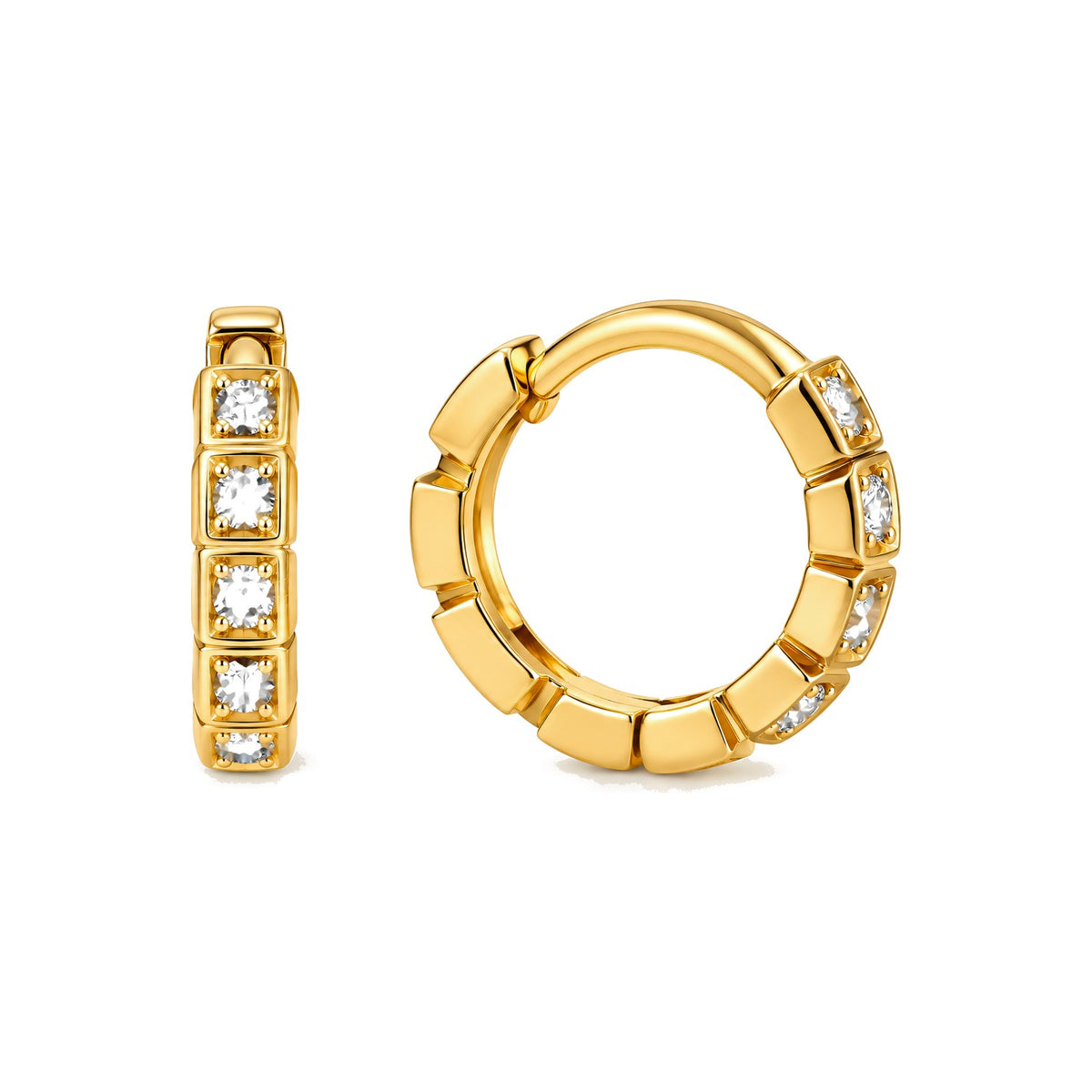 Aretes de Dama Oro 10k Huggie de Bloques Cuadrados con Circonios