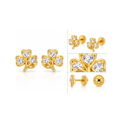 Aretes para Bebé Oro 14k Tres Hojas con Circonias