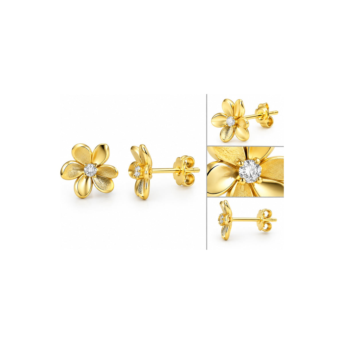 Aretes de Dama Oro 10k Flor Cinco Pétalos Satinada con Circonio