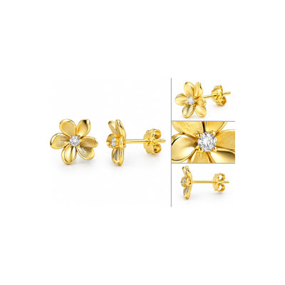 Aretes de Dama Oro 10k Flor Cinco Pétalos Satinada con Circonio