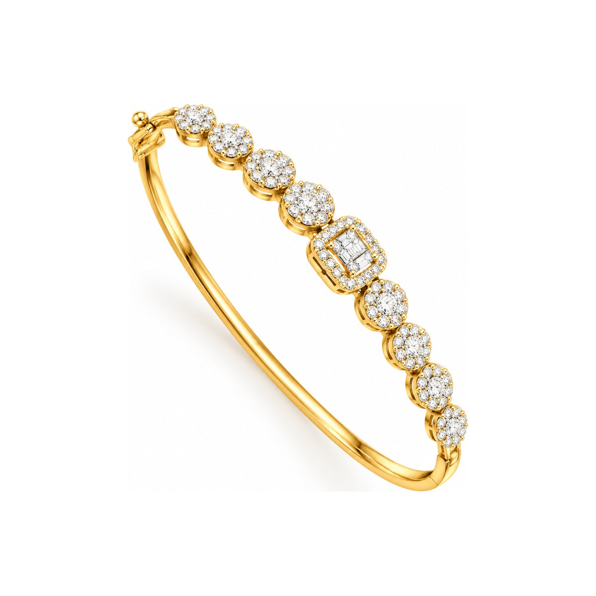 Brazalete de Dama Oro 14k Rígido Racimos con Centro Baguette y Diamantes Naturales