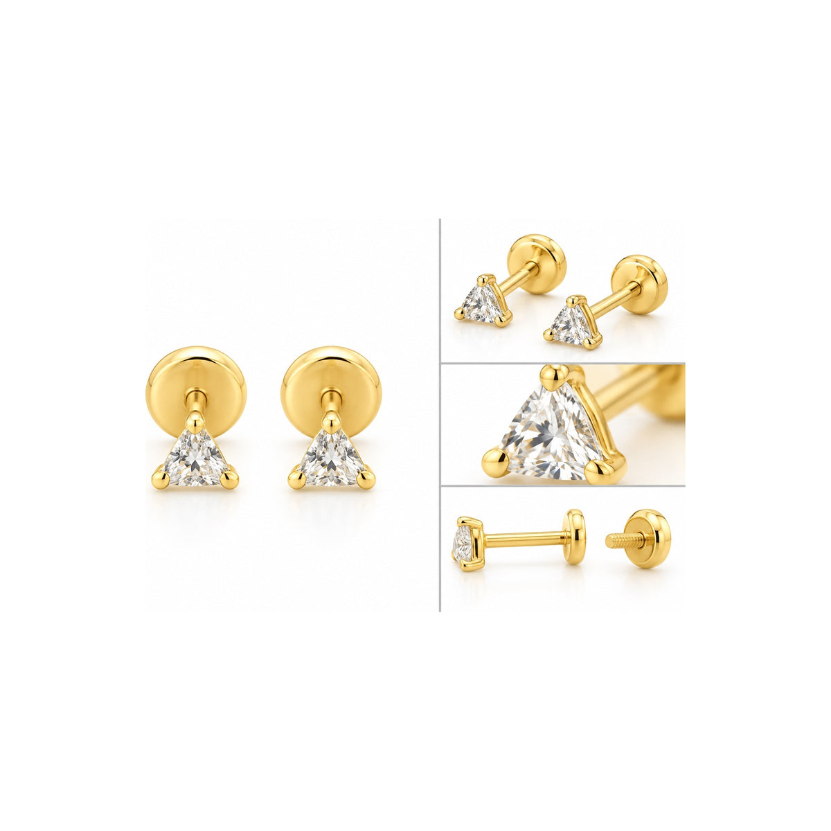 Aretes de Dama Oro 14k Solitario Triangular con Circonio y Tornillo