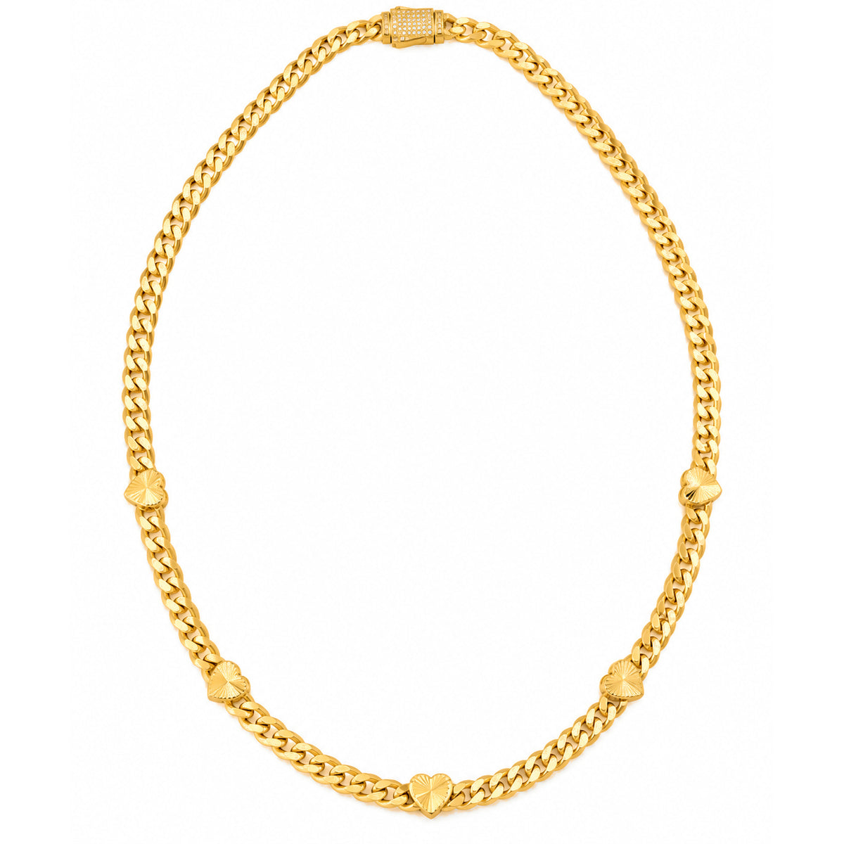4mm Cadena Cubana Oro 10k con Corazones Facetados y Cierre de Circonios