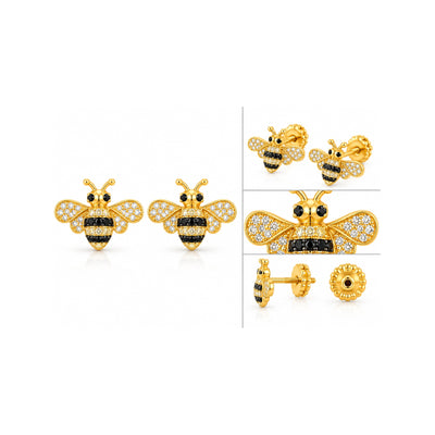 Aretes Abeja Oro 14k con Circonios Blancos Negros y Amarillos