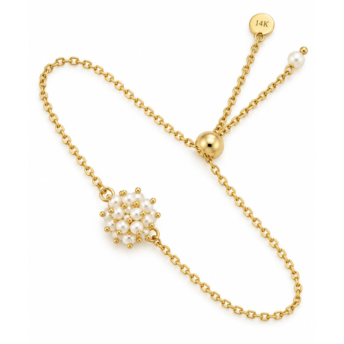 Brazalete de Dama Oro 14k Esfera de Perlas Ajustable