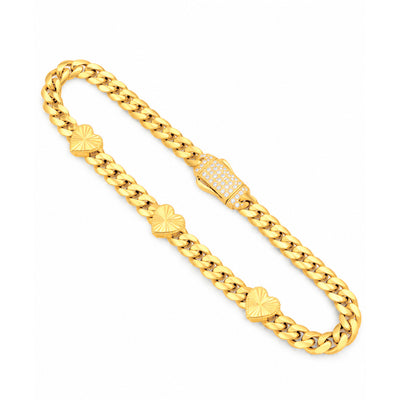 4mm Manilla Cubana Oro 10k con Corazones Facetados y Cierre de Circonios