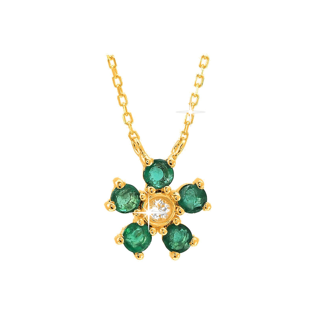 Collar Oro 14k Flor con Esmeralda y Diamantes Naturales