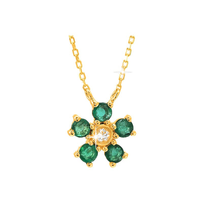 Collar Oro 14k Flor con Esmeralda y Diamantes Naturales