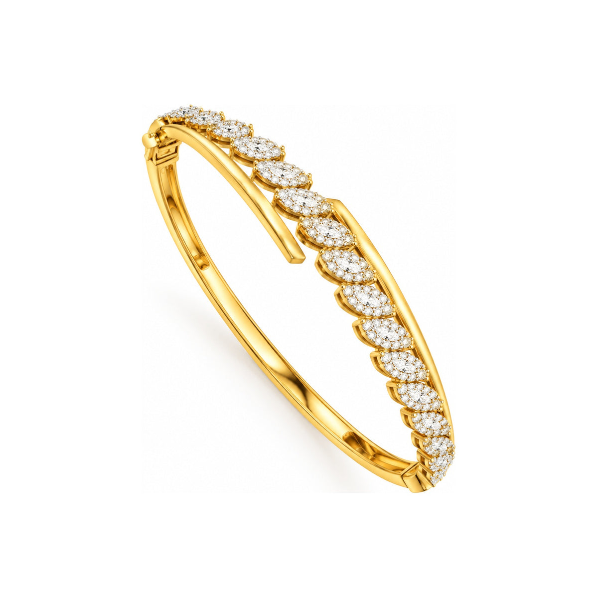 Brazalete de Dama Oro 14k Rígido Bypass Marquesas con Halo de Diamantes Naturales