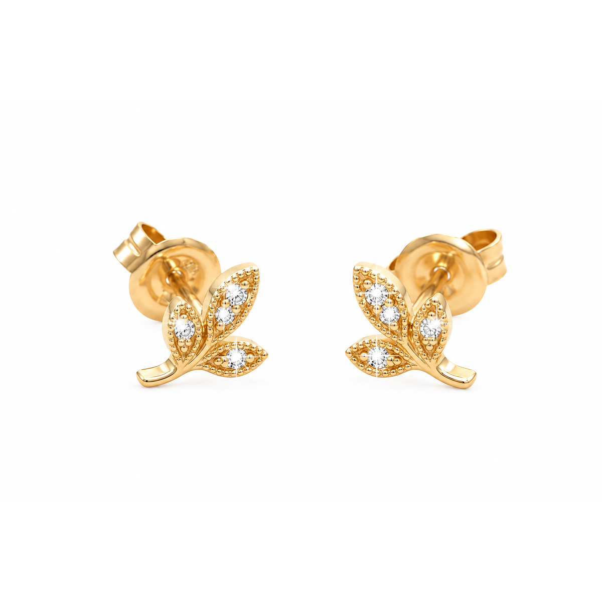 Aretes de Dama Oro 14k Tres Hojas con Diamantes Naturales