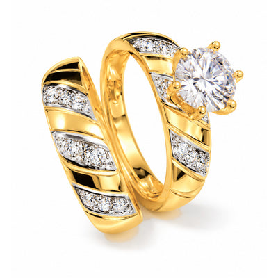 Set Anillo Matrimonio Oro 10k Solitario Bicolor Diagonal