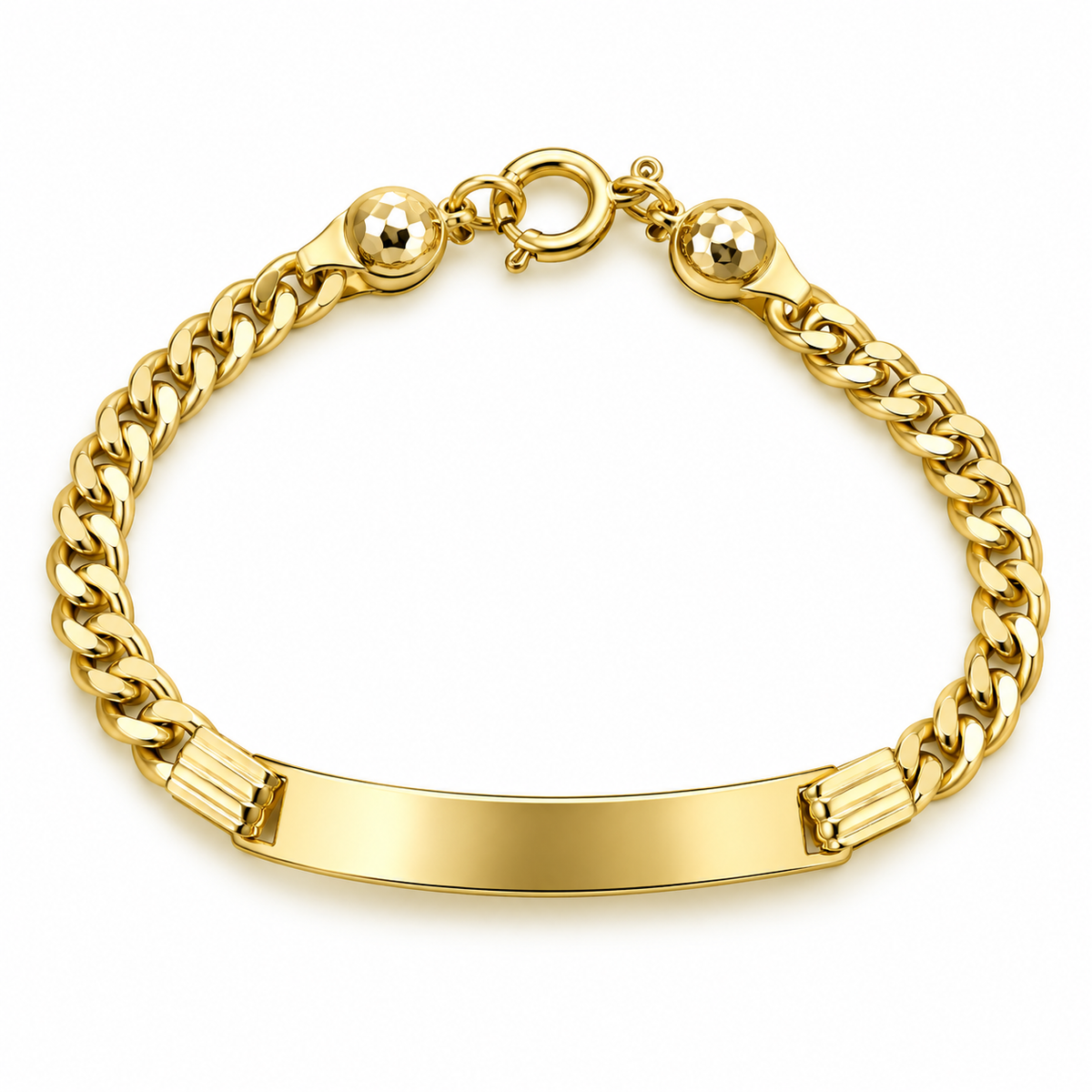 4.5mm Brazalete Infantil Oro 14k Semisólido Cubano con Placa y Bolitas Facetadas 5.5 Pulgadas