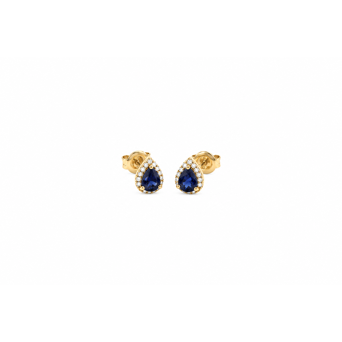 5x6mm Aretes de Dama Oro 14k Zafiro Pera con Halo de Diamantes Naturales