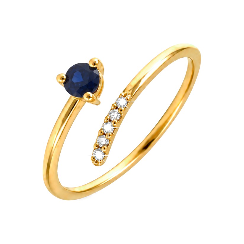 Anillo de Dama Oro 14k Bypass con Zafiro Redondo y Línea de Diamantes Naturales