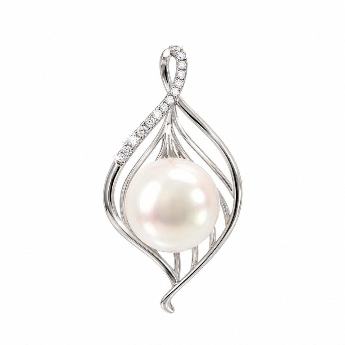 Dije Perla Enjaulada Oro Blanco 14k con Circonios