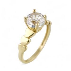 Romantic 10k Yellow Gold Solitaire Ring with Heart Accents
