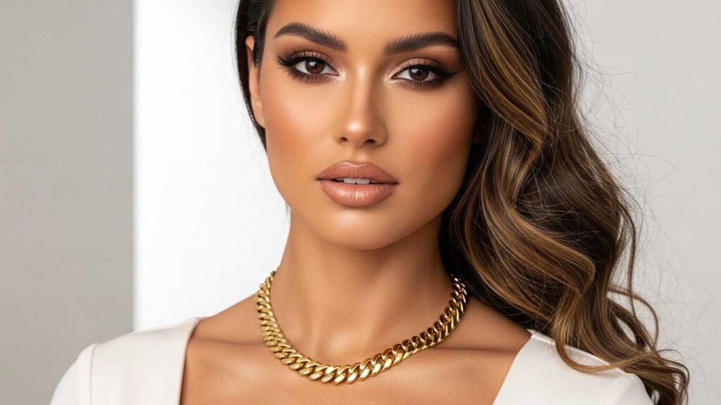 Cadenas cubanas en Kendall - Mujer luciendo una cadena de eslabón cubano en oro de Crea7 Jewelry.