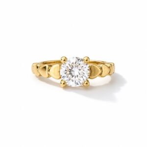 Romantic 10k Yellow Gold Solitaire Ring with Heart Accents