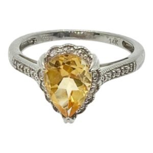 Anillo 14k blanco diamante citrina