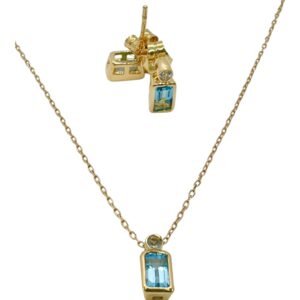 Set cadena dije aretes 18k agua marina