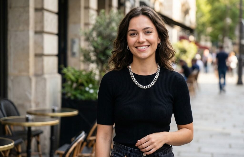 A young woman confidently wears a bold 925 sterling silver Miami Cuban Link chain from Crea7 Jewelry while walking down a sunny street in Miami